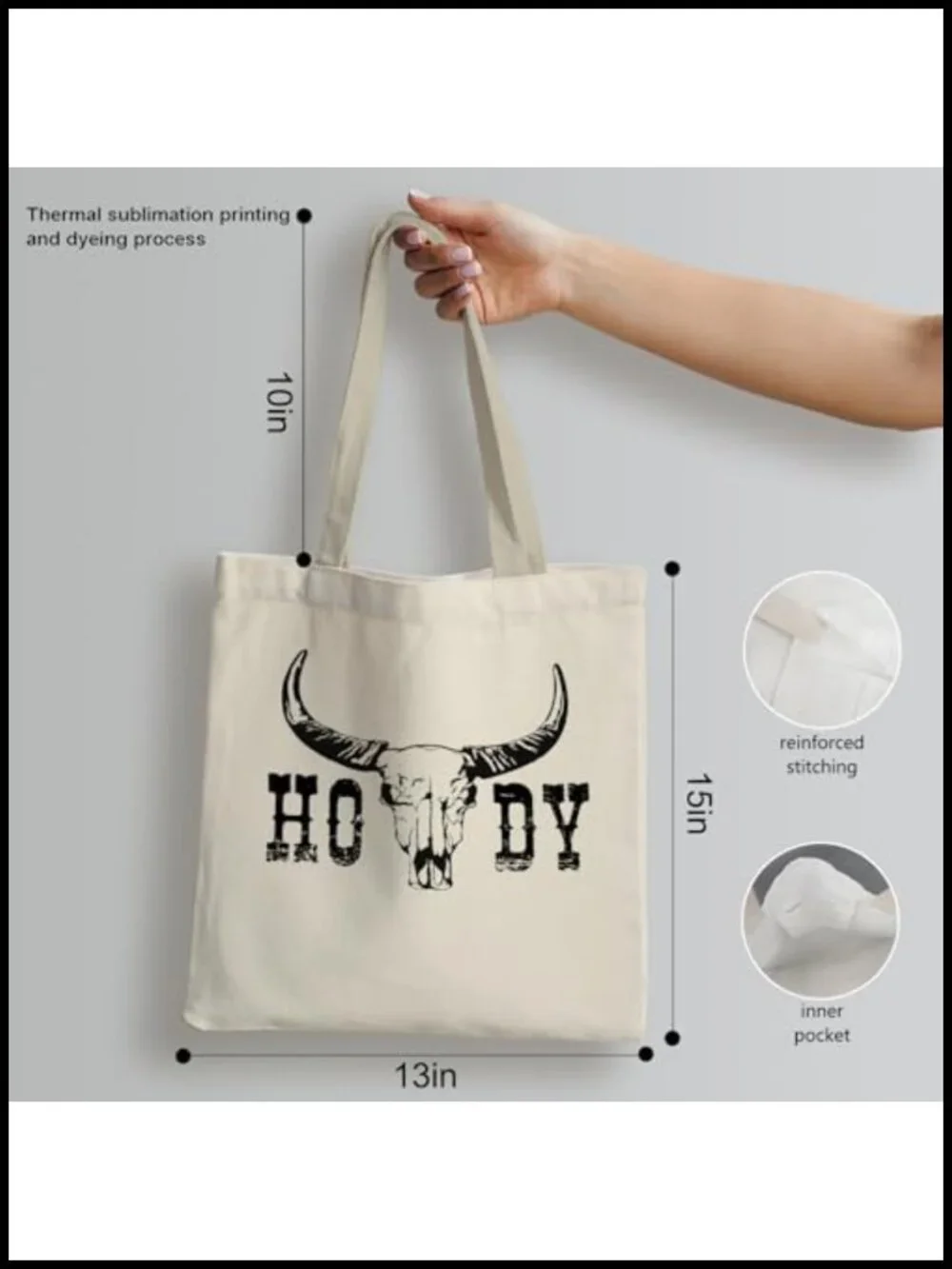 Canvas Tote Bag with Western Skull Print, Reusable Shopping Bag with Inner
